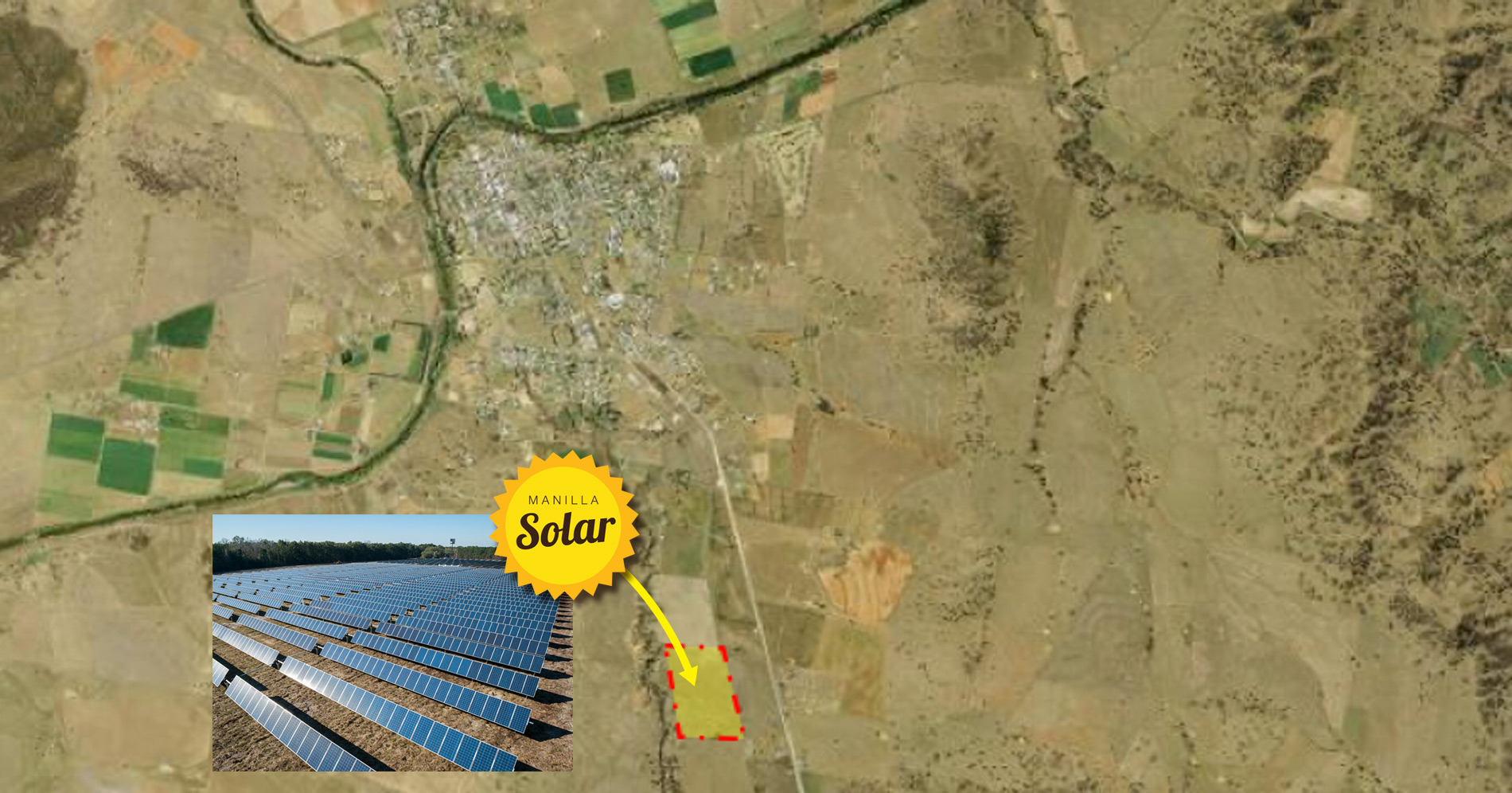 aerial photo of Manilla and surrounds, with the 5 Mega Watt solar farm with storage highlighted south of Manilla.