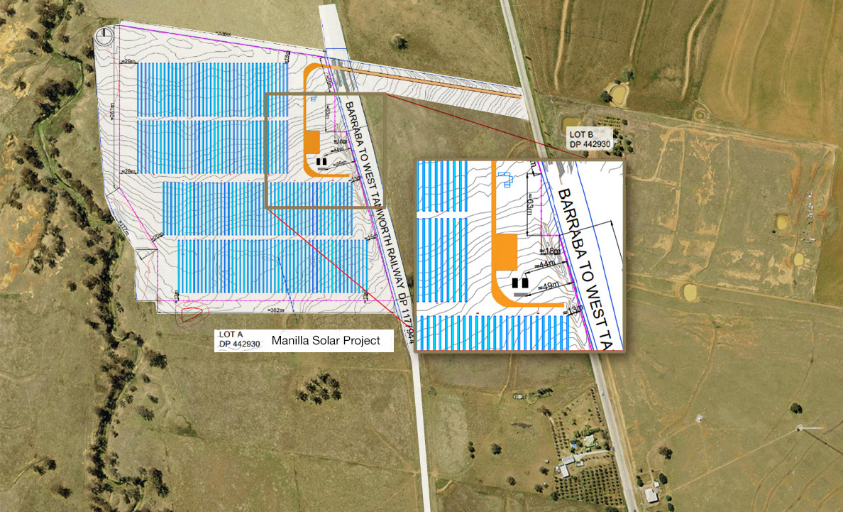 Overhead view of the Manilla Solar project - with close-up detail for the project road and site plan