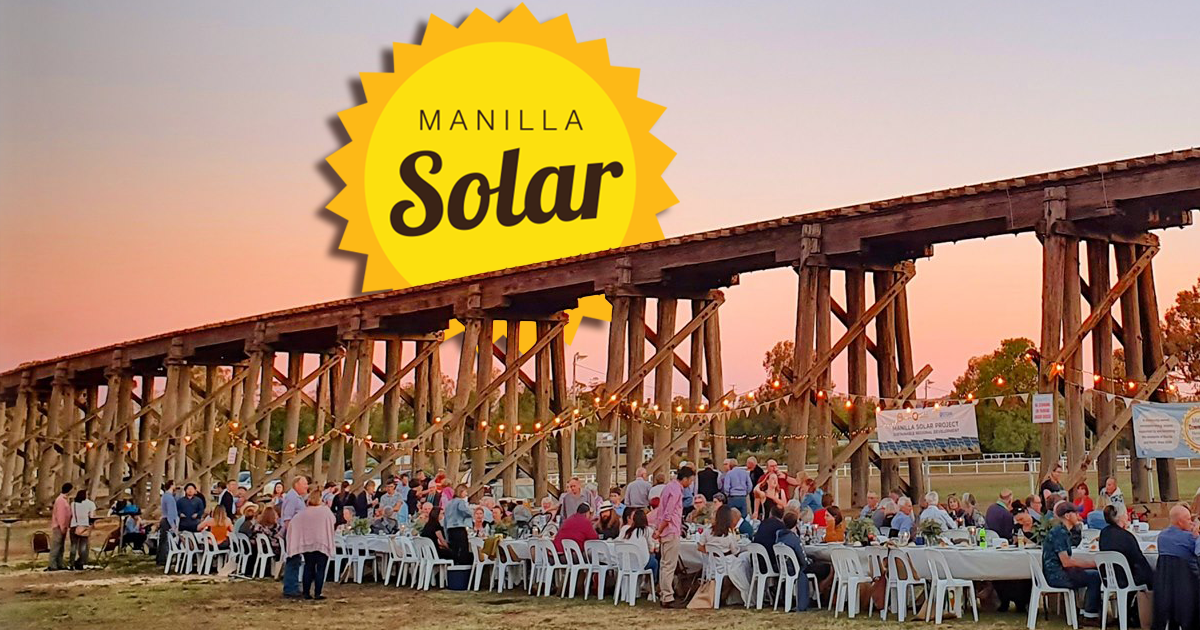 Manilla Solar Logo over a background of the main street of Manilla